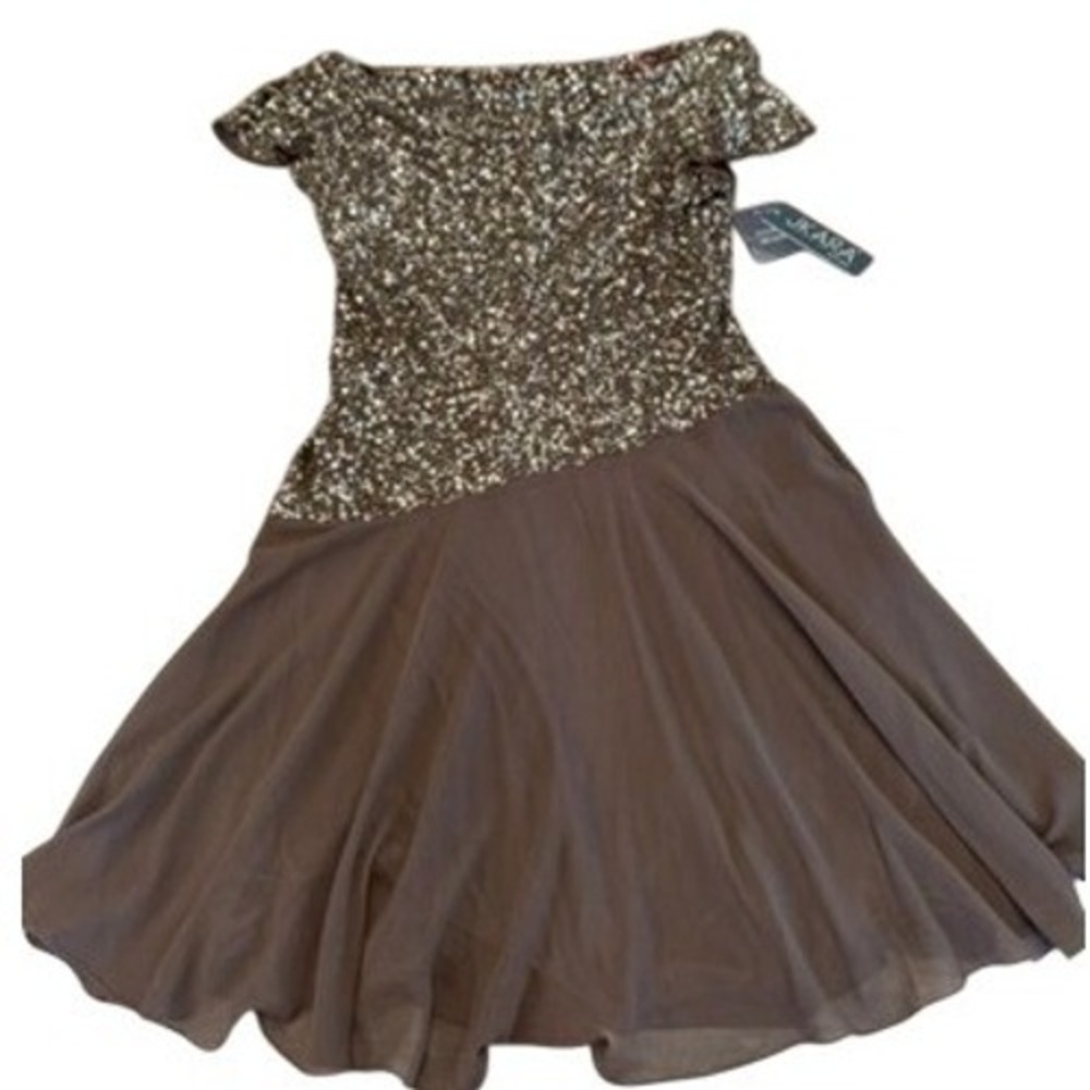 NWT! JKara Brown Sequin Chiffon Off-Shoulder Cocktail Dress Short Sleeve SZ 12